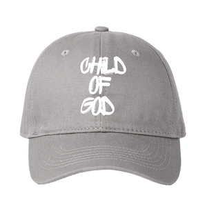 Classic grey cotton baseball cap with white Child of God embroidery and adjustable strap