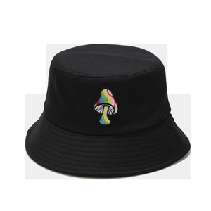 Classic black cotton bucket hat featuring colorful rainbow mushroom embroidery on white background