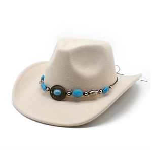 Beige wool felt western cowboy hat with vintage ethnic turquoise beaded band and buckle