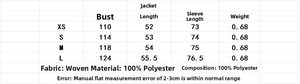 Size chart for faux suede baseball jacket showing bust, length and sleeve measurements