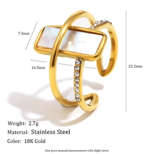 18K gold plated stainless steel double-layer ring with white shell and zircon accents