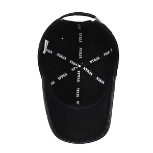 Inside view of black cotton baseball cap showing NY&JA logo taping and metal buckle