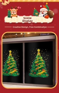 Detailed view of two green Christmas tree window decals with red and gold ornaments