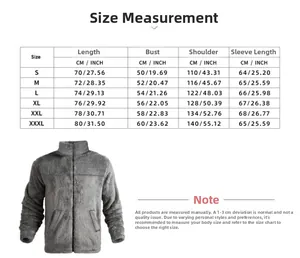 Size chart for men's fleece jacket with measurements for length, bust, shoulder, and sleeve