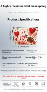 Linen makeup bag with love heart chocolate print, dimensions 17x25cm and weight 33g