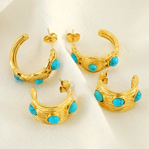 Boucles D'oreilles Créoles En Forme De C Bohème Vintage En Acier Inoxydable Plaqué Or Avec Turquoise Bleue Incrustée