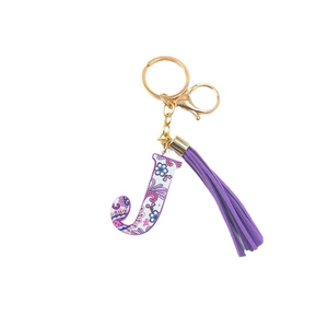 Fashionable purple floral letter J keychain with gold clasp and suede tassel charm