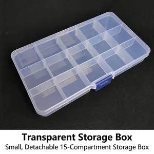 Transparent 15-compartment plastic storage box with blue buckle for small jewelry parts