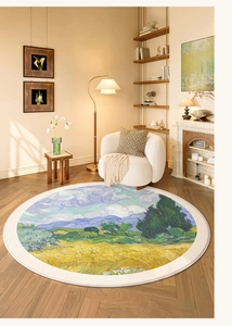 Close-up of circular rug with Van Gogh style oil painting pattern and woven texture