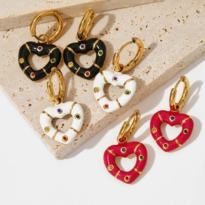 Heart Hoop Earrings Stainless Steel Enamel Colorful Zircon Inlay Sweet Cool Fashionable Jewelry For Women