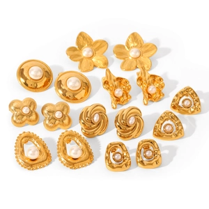 Elegant gold flower and geometric pearl earring set in high-quality stainless steel