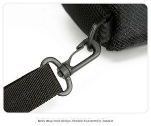 Detail of durable black swivel hook and reinforced nylon strap on the crossbody chest bag