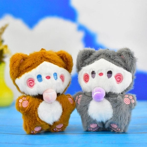 Pair of cute plush cat toy keychains in brown and gray colors with embroidered details