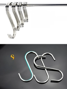 Detail showing 2.8mm thick solid stainless steel S-hook on metal rod with polished finish