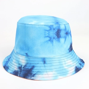 Detailed view of blue tie-dye bucket hat with reinforced parallel stitching on the brim
