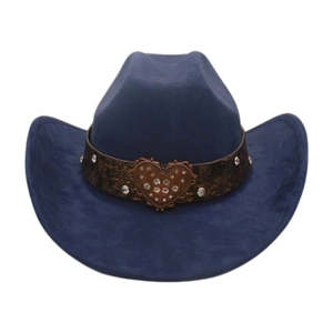 Detail of navy blue suede cowboy hat with vintage heart buckle and rhinestone band