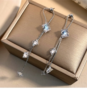 Detail of silver tassel earrings with zircon studs placed on a golden jewelry box