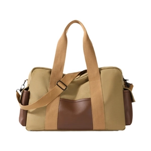 Men's large canvas travel duffel bag in khaki with brown leather trim and shoulder strap