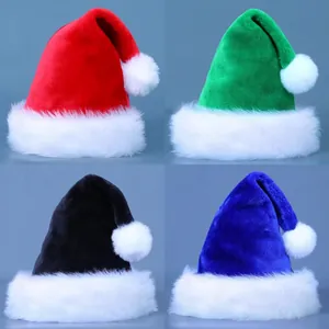 Set of four plush Christmas hats in red, green, black and blue with thick white fur trim