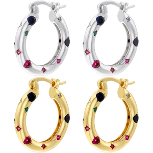 Luxury Copper Zirconia Colorful Rhinestone Hoop Earrings For Women Fashion Star Heart Round Inlaid Gold Silver Jewelry