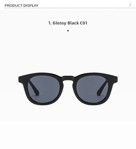 Front view of glossy black oval sunglasses C01 with premium grey lenses on white background