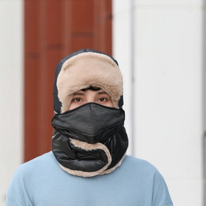 Winter trapper hat with mask and neck gaiter set in grey windproof fleece