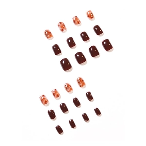Short square press-on nails with dark wine red and amber marble foil design