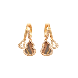 Vintage golden earrings with tiger eye stone and diamond-encrusted gourd pendants