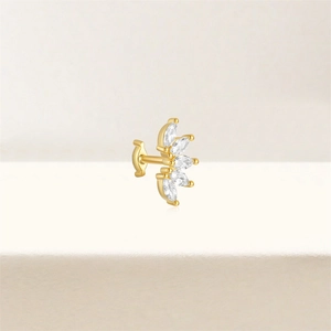 Detail of s925 silver marquise flower crown ear stud with gold plating and sparkling zircons