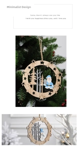 Detail of wooden Christmas ornaments featuring Santa and snowman patterns on natural wood