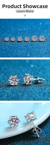 Detailed macro view of classic six-prong S925 silver moissanite stud earrings in various sizes