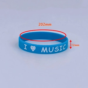 Blue silicone wristband with white I Love Music print and 202mm x 12mm size markings