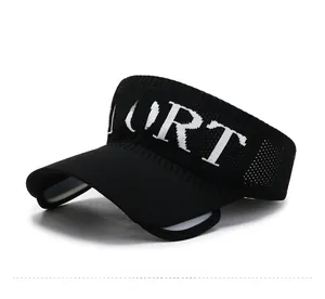 Side view of black breathable knit sun visor with white Sport lettering for running