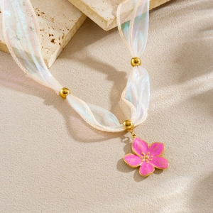 Elegant stainless steel necklace with pink flower pendant and colorful silk ribbon strap