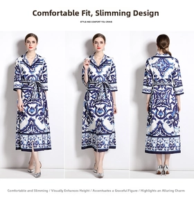 Three-way view of a blue and white porcelain print midi dress with lapel and waist tie