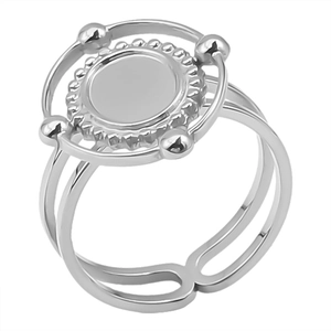 Macro detail of silver stainless steel adjustable ring with vintage oval disc design