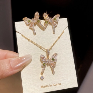 Butterfly Necklace And Earrings Jewelry Copper Zircon Gold Plated Elegant Fashion Women Silver Earring Post