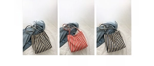 Detailed comparison of striped canvas tote bags in black, red, and blue color options