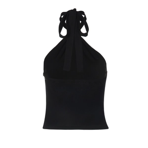Detailed view of the black halter neck strap and adjustable tie closure on this top