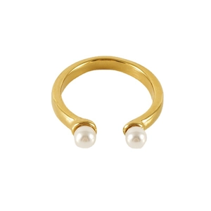 Minimalist 18k gold plated open ring featuring two elegant white pearls for women