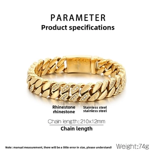 Detailed specs of 12mm gold-tone cuban chain bracelet with rhinestones and 210mm length