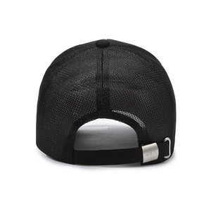 Rear view of black mesh baseball cap with breathable fabric and adjustable metal buckle