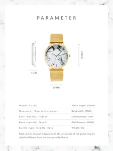 Detailed dimension guide for quartz watch with 40mm marble dial and mesh metal band
