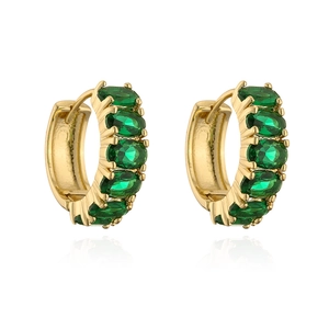 Detail of gold-plated hoop earrings featuring five oval green zircon stones in row