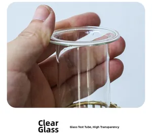 Detailed close-up of high-transparency glass test tube vase with golden metal frame holder