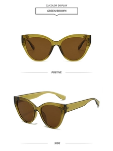 Front and side views of green cat eye sunglasses with transparent frames and brown lenses