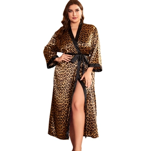 Silk-like leopard print plus size long robe with black satin trim and waist tie