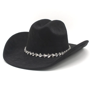 Detail of black faux suede western cowboy hat featuring crystal leaf chain decoration