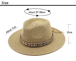 Detailed size chart for straw sun hat with 7cm brim, 12cm height, and 57-58cm circumference