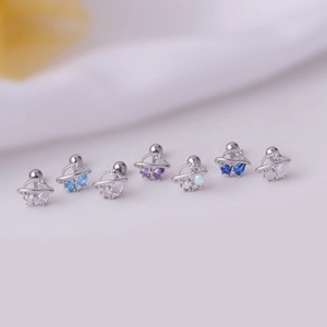 Titanium steel planet stud earrings set with colorful cubic zirconia and opal stones